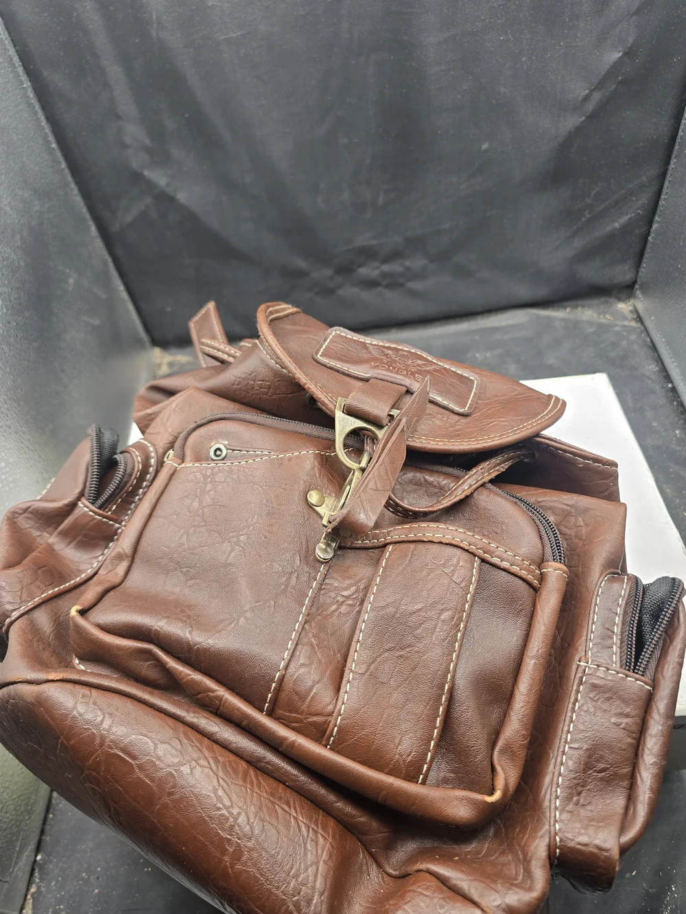 Classic‎ Brown Faux-Leather Men's Backpack with Front Flap and Buckle